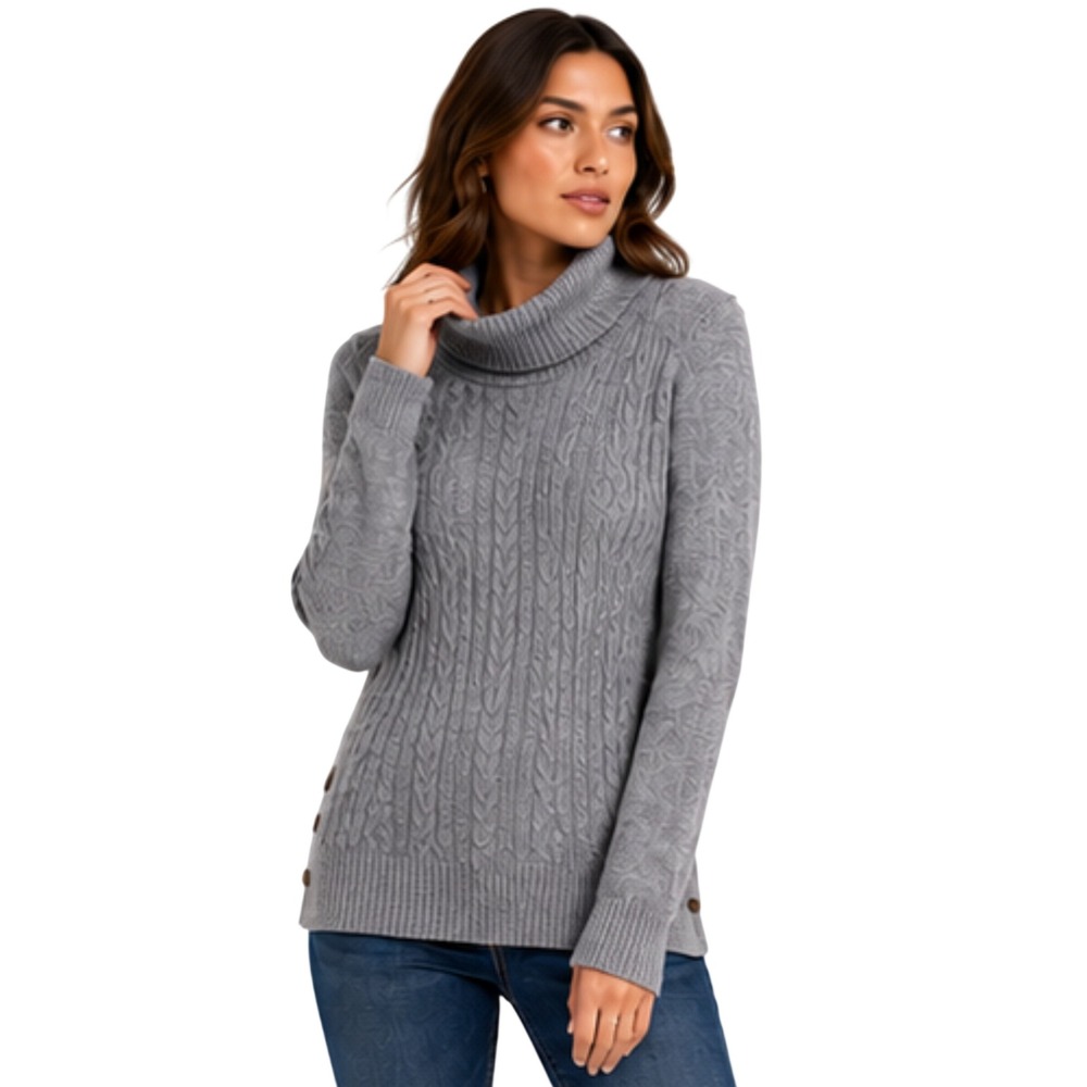 Talbots PM Blue Marl Cotton Cowl Neck Cable Knit Sweater Side Buttons New Cozy‎